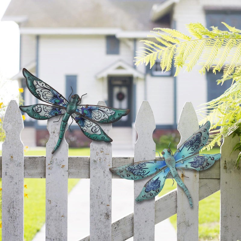 LIFFY Glass Metal Dragonfly Wall Decor a Pair - Outdoor Dragonfly Wall Art - Hanging Metal Dragonfly Decor for Garden and Home Decor - Dragonfly Gifts for Women - Image 2